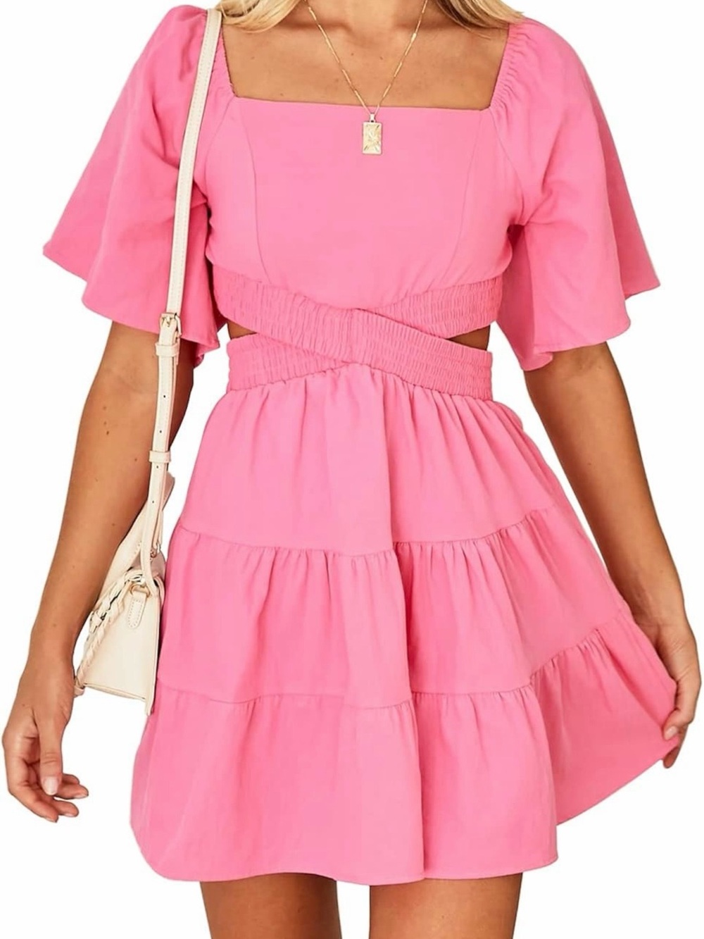 Pink Square Neck Tiered Mini Dress with Cutout Waist